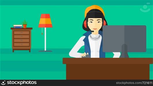 An asian woman in headphones sitting in front of computer monitor with mouse in hand on living room background vector flat design illustration. Horizontal layout.. Woman playing video game.