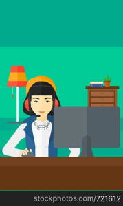 An asian woman in headphones sitting in front of computer monitor with mouse in hand on living room background vector flat design illustration. Vertical layout.. Woman playing video game.