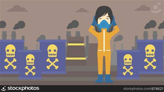 An asian woman in mask and radiation protective suit clutching head while standing on a background of radioactive barrel. Vector flat design illustration. Horizontal layout.. Woman in radiation protective suit.