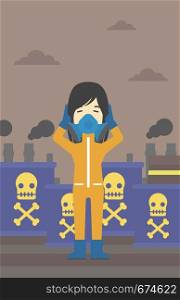 An asian woman in mask and radiation protective suit clutching head while standing on a background of radioactive barrel. Vector flat design illustration. Vertical layout.. Woman in radiation protective suit.