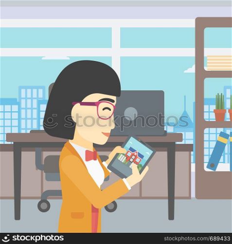 An asian woman looking at house on a digital tablet screen. Young woman standing in office and looking for house on tablet computer. Vector flat design illustration. Square layout.. Woman looking for house vector illustration.