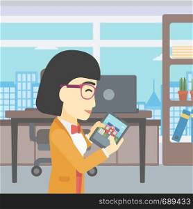 An asian woman looking at house on a digital tablet screen. Young woman standing in office and looking for house on tablet computer. Vector flat design illustration. Square layout.. Woman looking for house vector illustration.