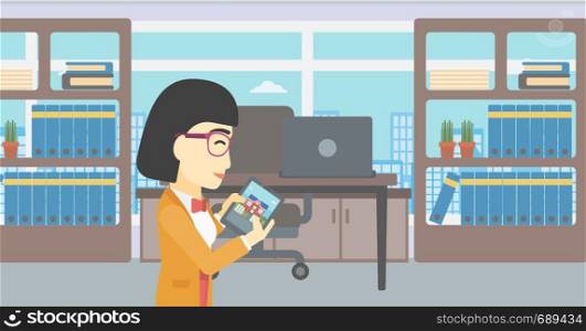 An asian woman looking at house on a digital tablet screen. Young woman standing in office and looking for house on tablet computer. Vector flat design illustration. Horizontal layout.. Woman looking for house vector illustration.
