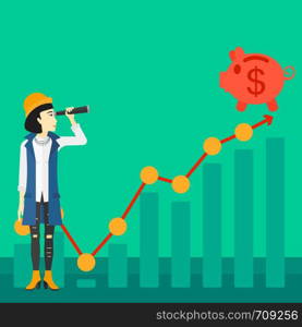 An asian woman looking through spyglass at piggy bank standing at the top of growth graph on a green background vector flat design illustration. Square layout.. Woman looking through spyglass at piggy bank.