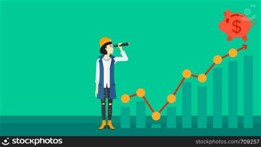 An asian woman looking through spyglass at piggy bank standing at the top of growth graph on a green background vector flat design illustration. Horizontal layout.. Woman looking through spyglass at piggy bank.