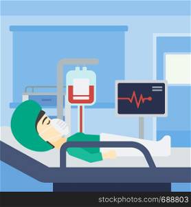 An asian woman lying in bed at hospital ward. Patient in oxygen mask lying in hospital ward with heart rate monitor and equipment for blood transfusion. Vector flat design illustration. Square layout.. Woman lying in hospital bed.