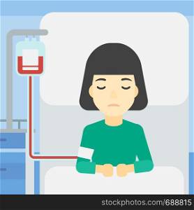 An asian woman lying in bed at hospital ward with equipment for blood transfusion. Woman during medical procedure with drop counter at medical room. Vector flat design illustration. Square layout.. Patient lying in hospital bed vector illustration.