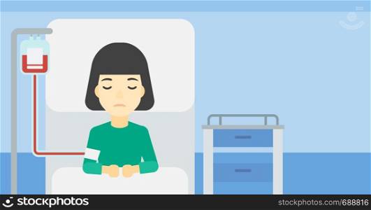 An asian woman lying in bed at hospital ward with equipment for blood transfusion. Woman during medical procedure with drop counter at medical room. Vector flat design illustration. Horizontal layout.. Patient lying in hospital bed vector illustration.