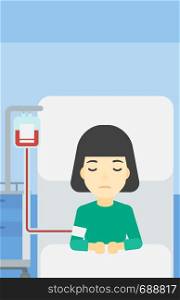An asian woman lying in bed at hospital ward with equipment for blood transfusion. Woman during medical procedure with drop counter at medical room. Vector flat design illustration. Vertical layout.. Patient lying in hospital bed vector illustration.