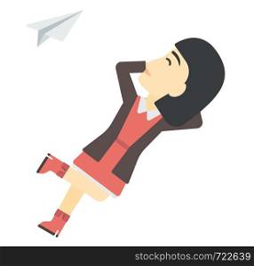 An asian woman lying on a cloud and looking at flying paper plane vector flat design illustration isolated on white background. . Business woman relaxing on cloud.