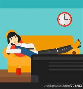 An asian woman lying on a sofa and watching tv with a remote control in her hand and soda on the floor vector flat design illustration. Square layout.. Woman lying on sofa.