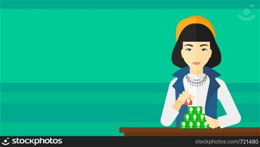 An asian woman making pyramid of avatars on a light green background vector flat design illustration. Horizontal layout.. Social network connection.