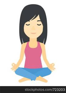 An asian woman meditating in lotus pose vector flat design illustration isolated on white background.. Woman meditating in lotus pose.