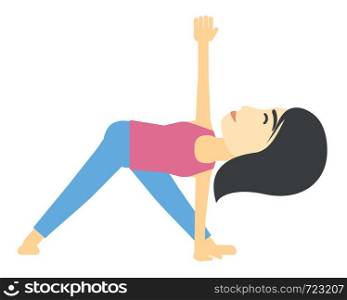 An asian woman meditating in yoga triangle pose vector flat design illustration isolated on white background.. Woman practicing yoga.