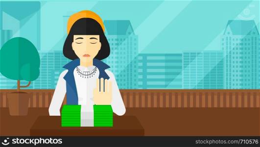 An asian woman moving dollar bills away and refusing to take a bribe on the background of panoramic modern office with city view vector flat design illustration. Horizontal layout.. Woman refusing bribe.