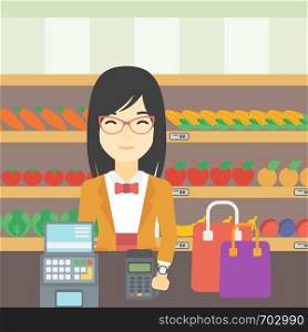 An asian woman paying wireless with her smart watch at the supermarket. Female customer making payment for purchase with smart watch. Vector flat design illustration. Square layout.. Woman paying wireless with smart watch.