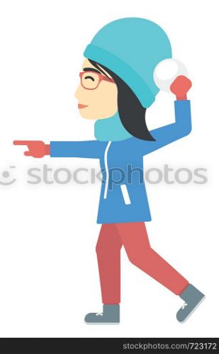 An asian woman playing in snowballs vector flat design illustration isolated on white background.. Woman playing in snowballs.