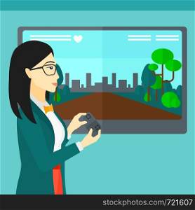 An asian woman playing video game with gamepad in hands vector flat design illustration. Square layout.. Woman playing video game.