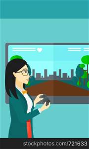 An asian woman playing video game with gamepad in hands vector flat design illustration. Vertical layout.. Woman playing video game.