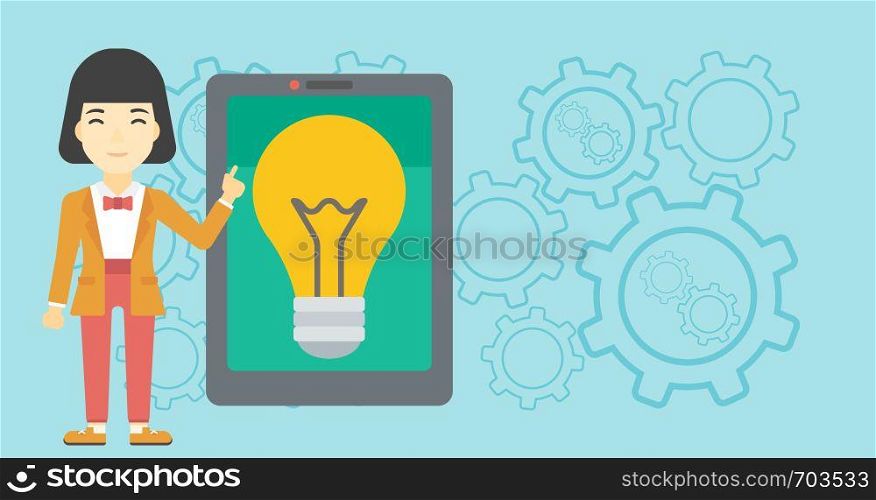 An asian woman pointing at a big tablet computer. Woman standing near a big tablet computer with a light bulb on a screen. Vector flat design illustration. Horizontal layout.. Woman pointing at big tablet computer.