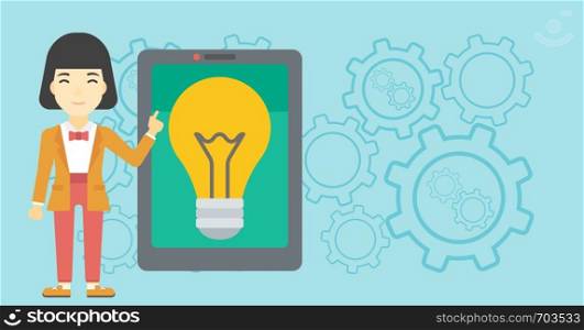 An asian woman pointing at a big tablet computer. Woman standing near a big tablet computer with a light bulb on a screen. Vector flat design illustration. Horizontal layout.. Woman pointing at big tablet computer.