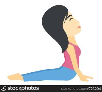 An asian woman practicing yoga upward dog pose vector flat design illustration isolated on white background.. Woman practicing yoga.