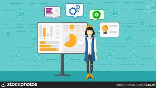 An asian woman presenting report through infographics on a board on a blue background with business icons vector flat design illustration. Horizontal layout.. Woman presenting report.