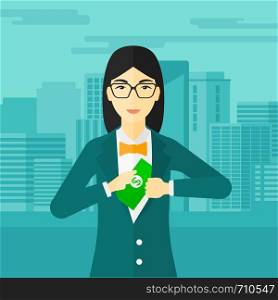 An asian woman putting money in her pocket on the background of modern city vector flat design illustration. Square layout.. Woman putting money in pocket.