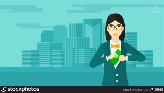 An asian woman putting money in her pocket on the background of modern city vector flat design illustration. Horizontal layout.. Woman putting money in pocket.