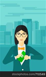 An asian woman putting money in her pocket on the background of modern city vector flat design illustration. Vertical layout.. Woman putting money in pocket.