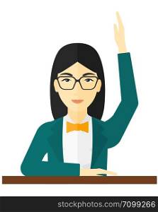 An asian woman raising her hand while sitting at the table vector flat design illustration isolated on white background. . Woman raising her hand.