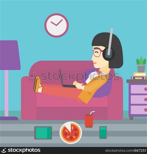 An asian woman relaxing on a sofa with many gadgets. Woman lying on sofa surrounded by gadgets and fast food. Woman using gadgets at home. Vector flat design illustration. Square layout.. Woman lying on sofa with many gadgets.