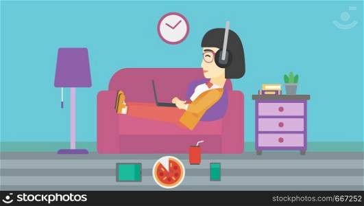 An asian woman relaxing on a sofa with many gadgets. Woman lying on sofa surrounded by gadgets and fast food. Woman using gadgets at home. Vector flat design illustration. Horizontal layout. Woman lying on sofa with many gadgets.