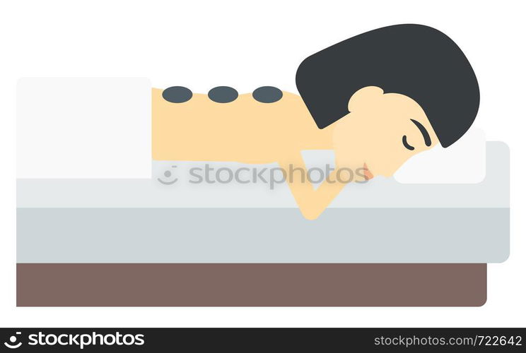 An asian woman relaxing while getting stone therapy massage vector flat design illustration isolated on white background.. Woman getting stone therapy.