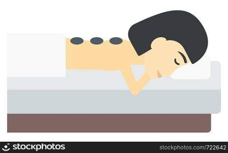 An asian woman relaxing while getting stone therapy massage vector flat design illustration isolated on white background.. Woman getting stone therapy.