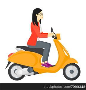 An asian woman riding a scooter vector flat design illustration isolated on white background.. Woman riding scooter.