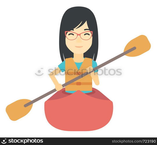 An asian woman riding in a canoe vector flat design illustration isolated on white background.. Woman riding in canoe.