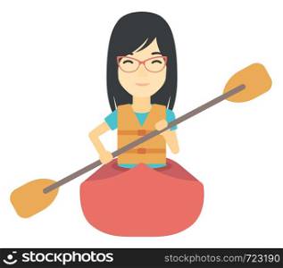 An asian woman riding in a canoe vector flat design illustration isolated on white background.. Woman riding in canoe.