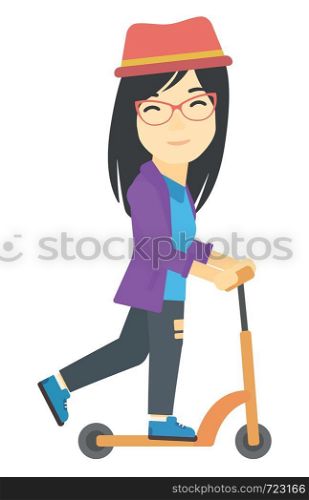 An asian woman riding to work on scooter vector flat design illustration isolated on white background.. Woman riding on scooter.