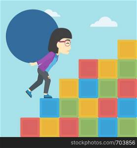 An asian woman rising up on the colored cubes and carrying a big stone on her back. Woman with huge concrete ball going up. Vector flat design illustration. Square layout.. Woman carrying concrete ball uphill.
