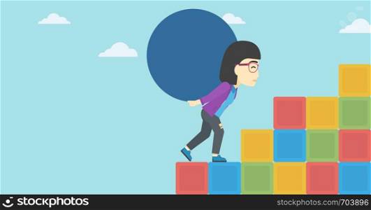 An asian woman rising up on the colored cubes and carrying a big stone on her back. Woman with huge concrete ball going up. Vector flat design illustration. Horizontal layout.. Woman carrying concrete ball uphill.