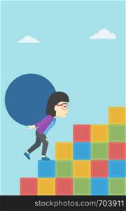 An asian woman rising up on the colored cubes and carrying a big stone on her back. Woman with huge concrete ball going up. Vector flat design illustration. Vertical layout.. Woman carrying concrete ball uphill.