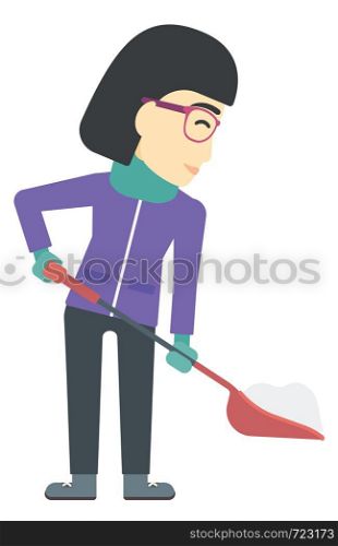 An asian woman shoveling and removing snow vector flat design illustration isolated on white background.. Woman shoveling and removing snow.