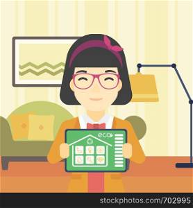 An asian woman showing a tablet computer with smart home application on a screen on the background of living room. Vector flat design illustration. Square layout.. Smart home automation vector illustration.