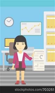 An asian woman showing her business presentation with some text and charts. Woman giving a business presentation in the office. Vector flat design illustration. Vertical layout.. Woman making business presentation.