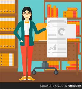 An asian woman showing her complete paperwork with some text and charts on the background of business office vector flat design illustration. Square layout.. Woman presenting report.