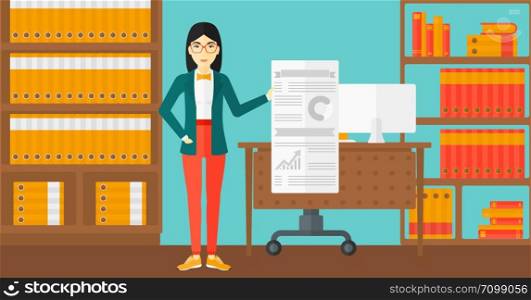 An asian woman showing her complete paperwork with some text and charts on the background of business office vector flat design illustration. Horizontal layout.. Woman presenting report.