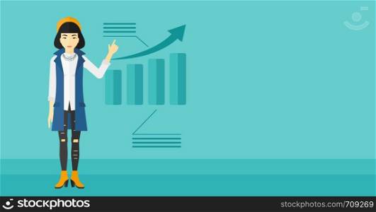 An asian woman showing with her forefinger at increasing chart on a blue background vector flat design illustration. Horizontal layout.. Woman presenting report.