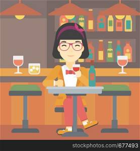 An asian woman sitting at the table with glass and bottle of wine. Woman drinking wine at bar. Woman enjoying a drink at wine bar. Vector flat design illustration. Square layout.. Woman drinking wine at restaurant.
