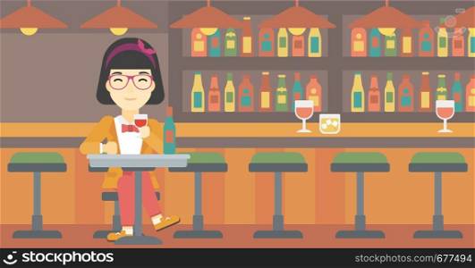 An asian woman sitting at the table with glass and bottle of wine. Woman drinking wine at bar. Woman enjoying a drink at wine bar. Vector flat design illustration. Horizontal layout.. Woman drinking wine at restaurant.